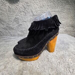 Flogg Moccasin Clog Booties Black Suede Fringe Studded Wood Heel Womens 7.5‎